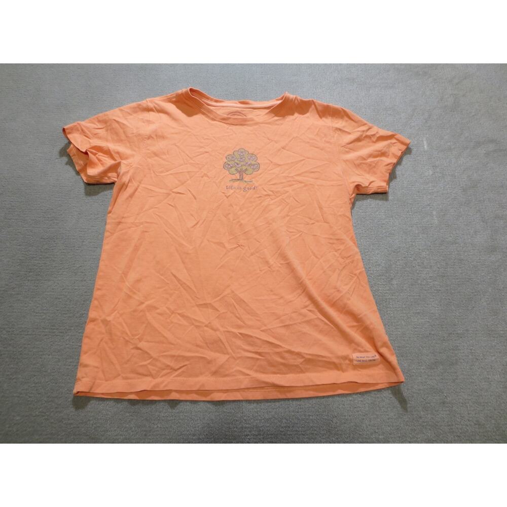 Life is Good Womens Shirt Meidum Orange Tee Short Sleeve Tree Butterfly